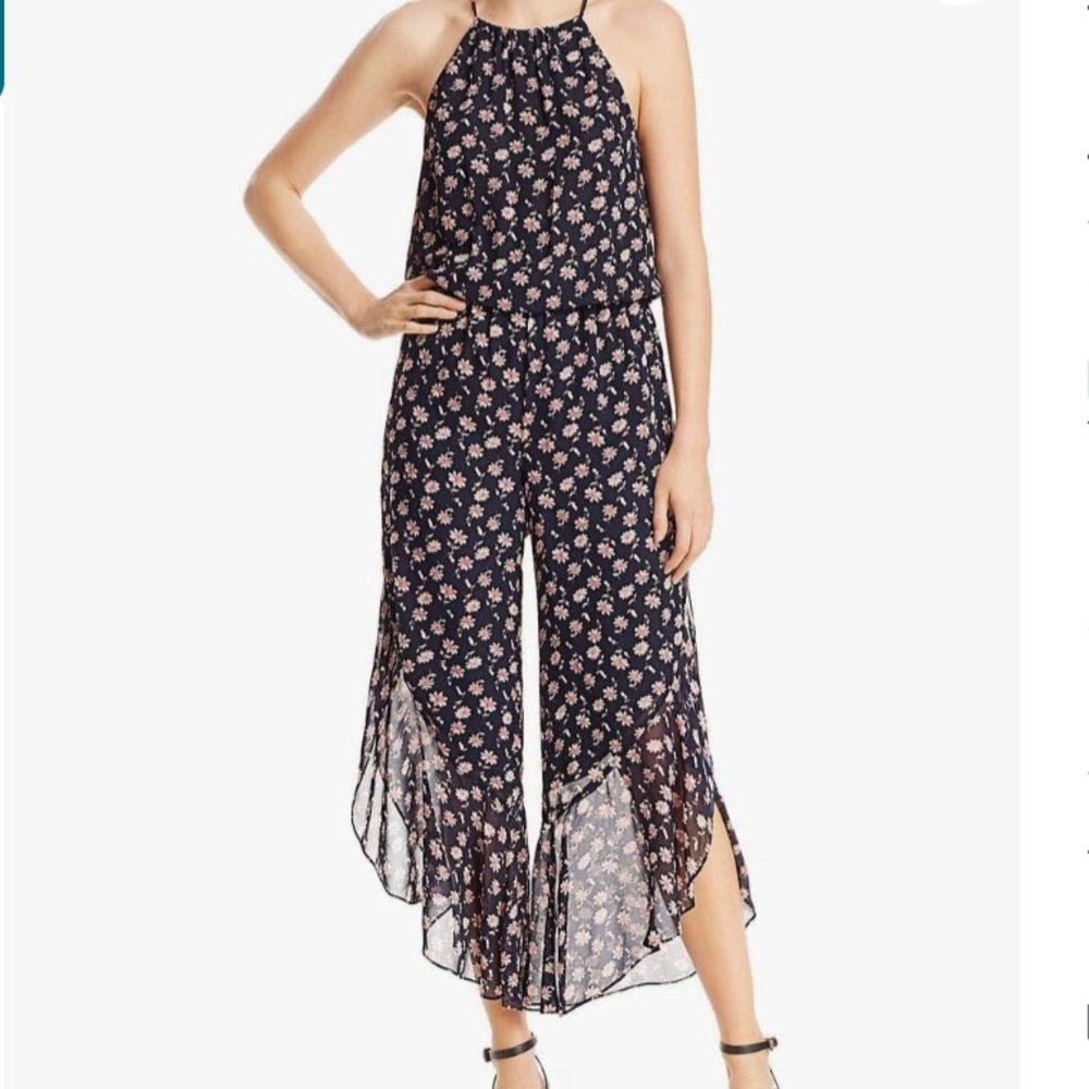 Joie Jael navy floral silk jumpsuit ruffle sleeveless size medium
